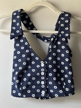 The Kript Sunny Navy Floral Corduroy Button-Front Halter Crop Top Size XS Summer